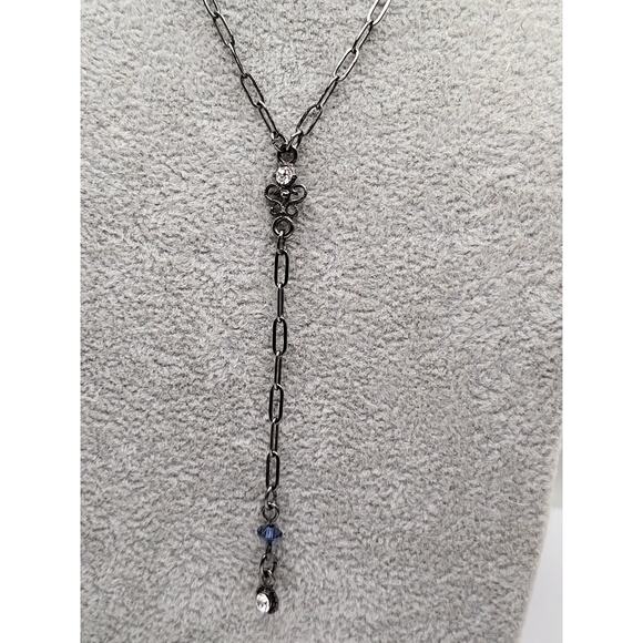 Gunmetal Y Necklace and Earring Set Blue Crystal Beads Modern Fashion Jewelry - Picture 2 of 13